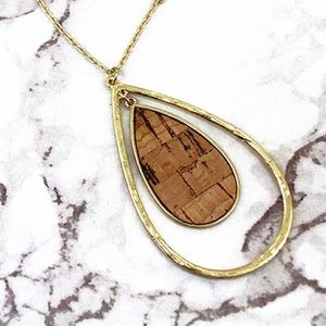 GOLDTONE AND CORK DOUBLE TEARDROP NECKLACE